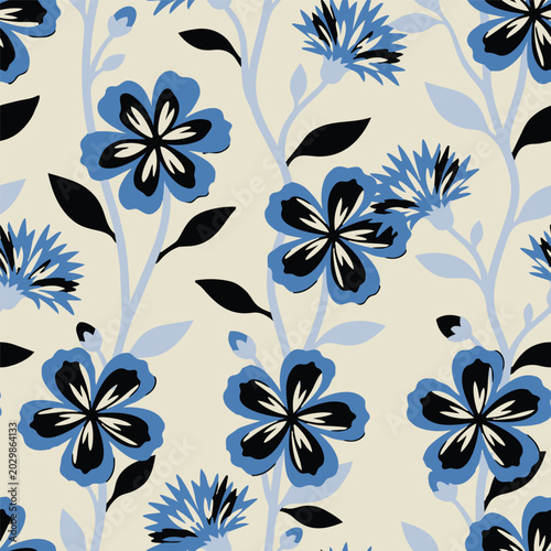 Photos Elegant retro chintz seamless background featuring hand drawn blue wild flowers and dark leaves for luxury fashion textile, apparel, wallpaper