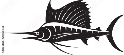 Black silhouette of a sailfish with large dorsal fin. logo Vector Black silhouettes