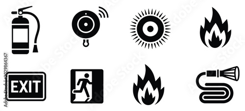 Fotografie Fire safety and prevention glyph icon set vector pictograms featuring fire extin