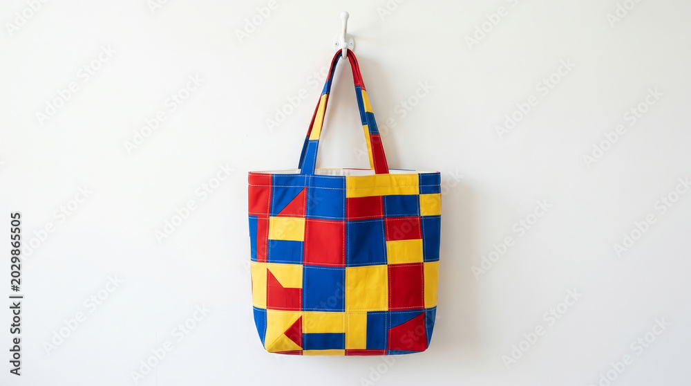 Fototapeta premium A vibrant, geometric tote bag featuring bold colors of blue, red, and yellow, hanging against a plain white wall.