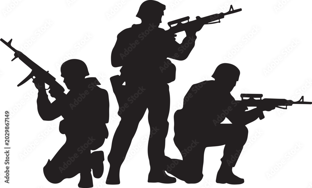 Fototapeta premium Soldier silhouettes with rifles in various poses military. logo Vector Black silhouettes