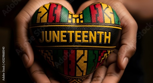 Hands holding a heart shaped object with juneteenth text and traditional african patterns