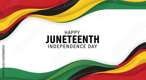 Happy juneteenth independence day greeting card with paper cut style waves in red, black, yellow, and green colors isolated on white background