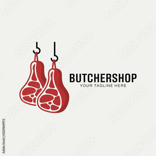 Photos Butcher shop logo design with hanging meat cuts illustration