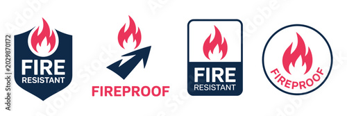 Foto Fireproof icon set with fire resistant symbols, flame protection signs, safety e