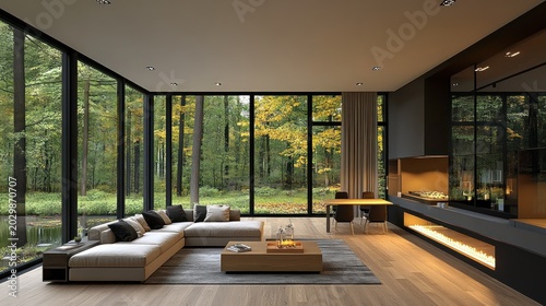 Modern living room with forest views