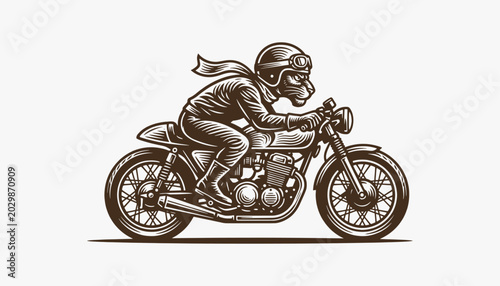 Foto Vintage Panther Biker on Classic Cafe Racer Motorcycle Engraving Style Illustrat