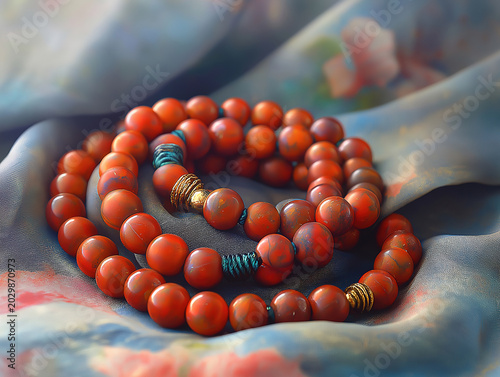 A Gentle Close-Up of Prayer Beads Resting on Smooth Fabric