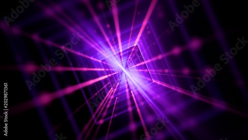 Abstract Purple Neon Light Tunnel Background, 3D Futuristic Technology Grid Matrix, Artificial Intelligence