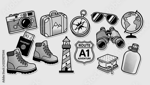 Adventure Travel Sticker Set Retro Black and White Halftone Vector Illustrations