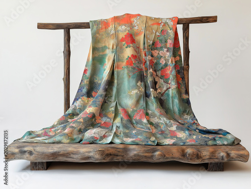 A Timeless Silk Kimono Arranged Neatly on a Wooden Support