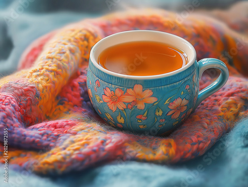 A Soothing Cup of Tea on a Plush Blanket in a Cozy Setting