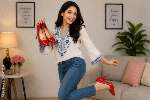 A woman stands in a living room holding a pair of red high heels. She smiles while wearing casual clothes. The space has a lamp, a plant, and wall art.