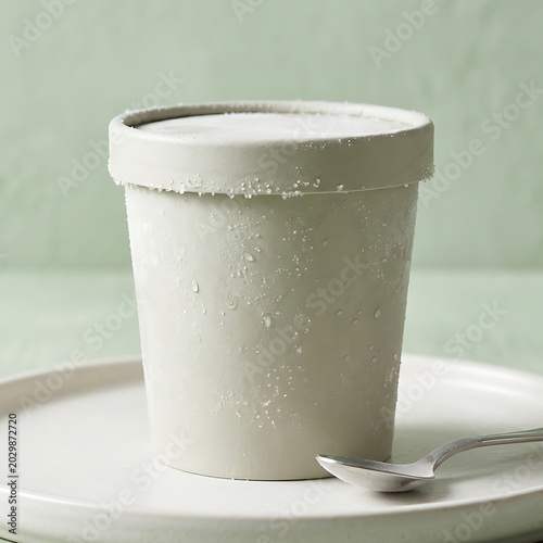 Frozen ice cream pint container with frost and water droplets on minimalist ceramic plate.