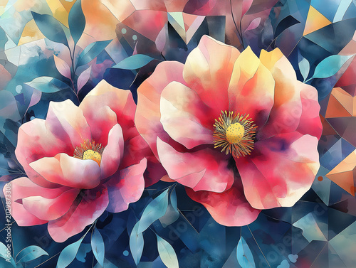 Ethereal Watercolor Wash with Elegant Floral Geometry