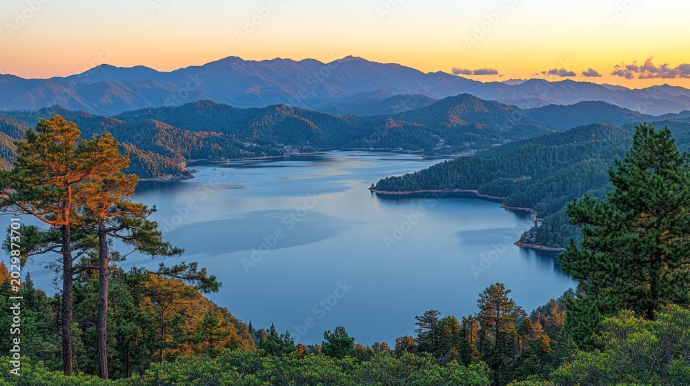 Obraz premium Mountain lake at dawn, serene vista