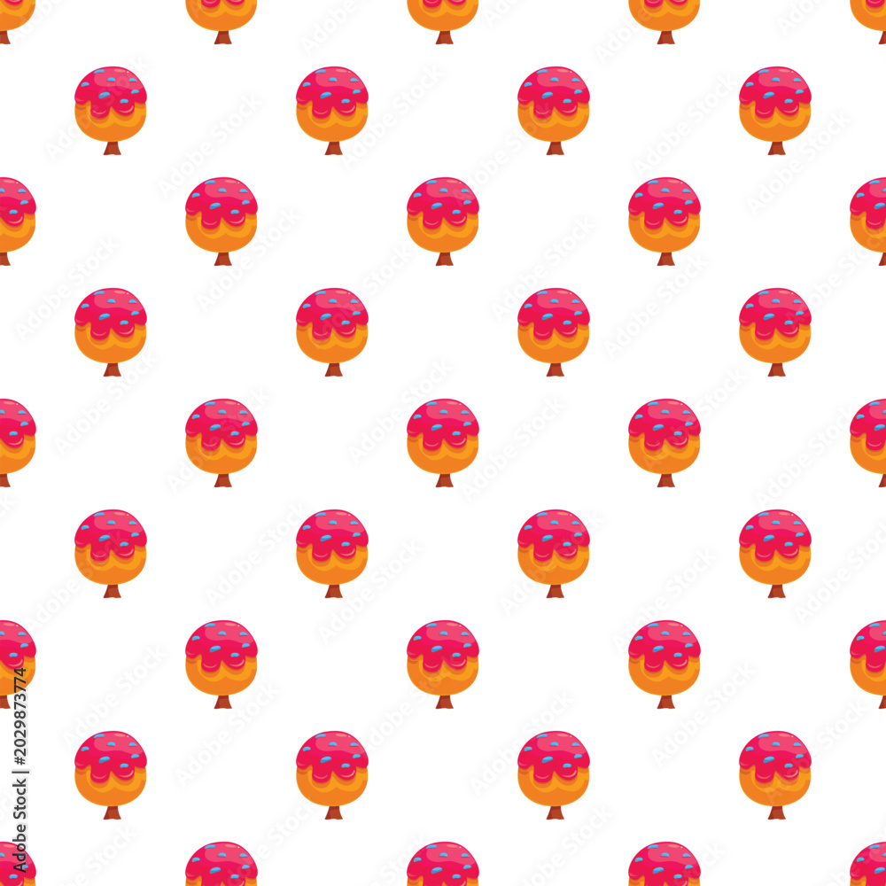 Obraz premium Cartoon trees with pink frosting and sprinkles forming a sweet seamless pattern