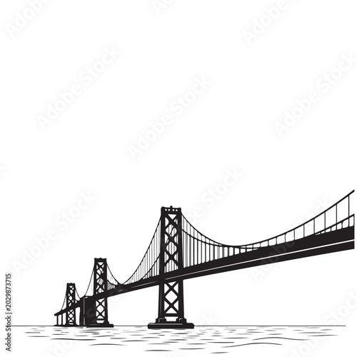 San Francisco Bay Bridge vector illustration with suspension towers and cables over water for travel and architectural design
