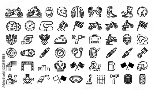 Canvas Print Professional Motor Sport Linear Icon Collection Featuring Motorcycle Biker and S