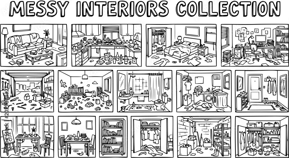 Obraz premium Black and White Line Art Cartoon Collection of Messy Household Interiors. Doodles of Disorganized Rooms, Clutter, and Domestic Chaos.