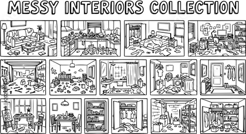 Quadro su tela Black and White Line Art Cartoon Collection of Messy Household Interiors