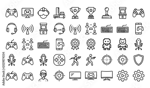 Foto Gamepad and Gaming Line Icon Set Featuring Console Virtual Reality eSports and C