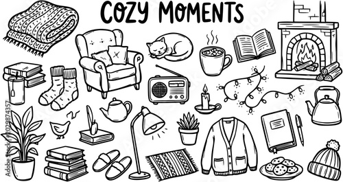 Cozy Moments Lifestyle Black  White Line Art Collection with Hand-Drawn Home Comfort Objects for Hygge and Relaxation