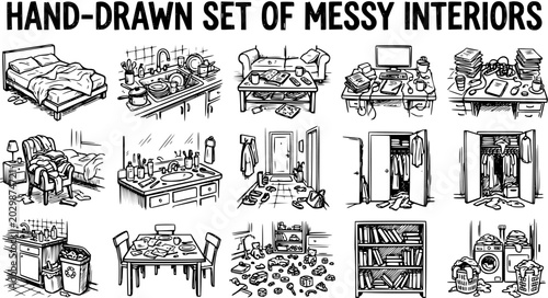 Foto Hand-drawn Set of Messy Interiors Line Art