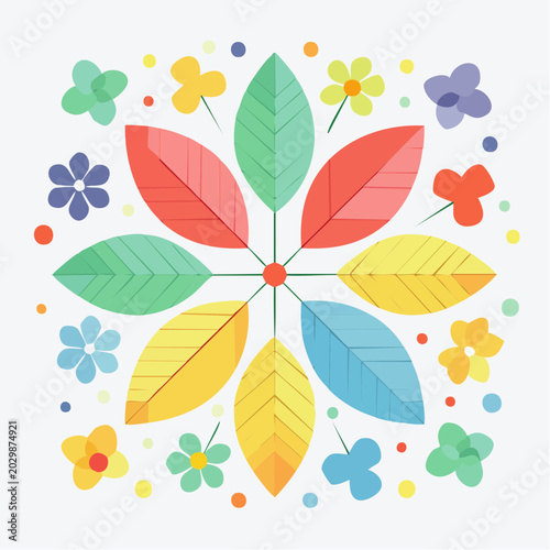 Colorful Geometric Floral Pattern with Leaves and Flowers