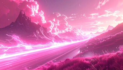 Crédence de cuisine Rose Vivid, pink landscape with bright, parallel beams across a valley between mountains under a cloudy sky  © Gianto