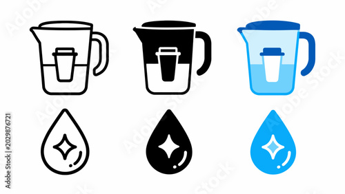 Water filtration icons set: black, white, and blue pitchers with water droplets