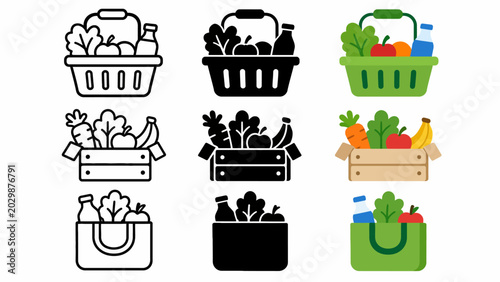 Variety of shopping basket and grocery bag icons in different styles and colors