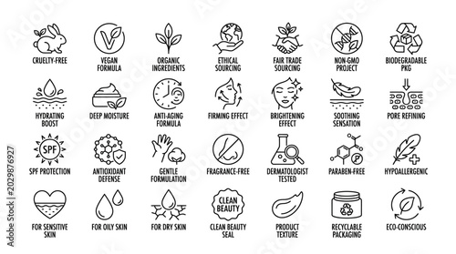 Essential line art icons for beauty product claims and skincare benefits, highlighting ethical sourcing, natural ingredients, and effective formula attributes