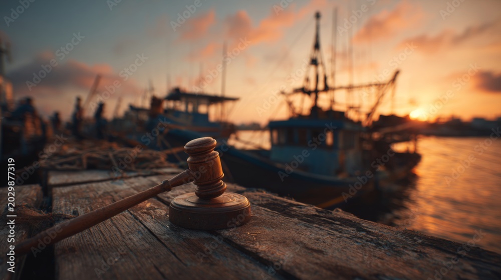 Fototapeta premium Sunrise Over Dock with Gavel, Fishing Boat, and Maritime Scene by Water's Edge
