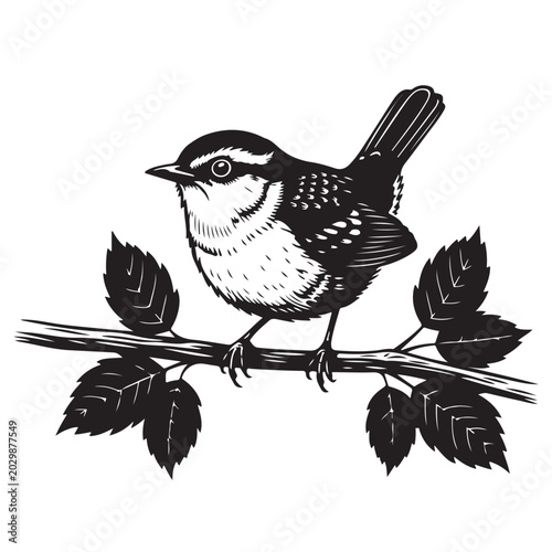 Foto Wren bird on a branch with leaves, black and white graphic icon for a nature or
