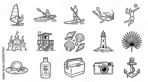A comprehensive collection of hand-drawn summer and beach vacation icons, perfect for illustrating leisure activities, travel essentials, and coastal adventures in a stylish outline design