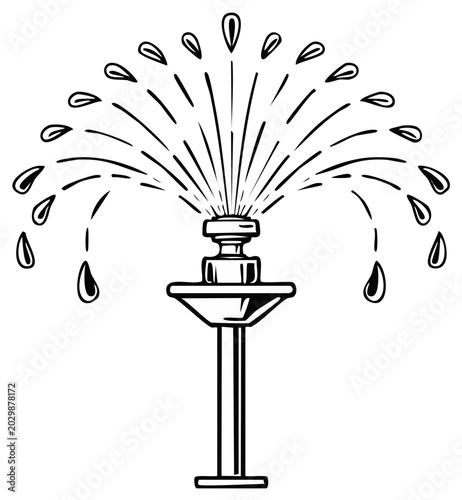 Black and white illustration of a garden sprinkler spraying water upwards in a fountain shape