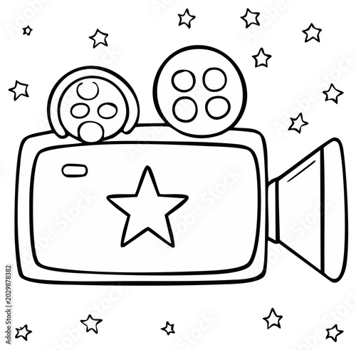 Cartoon Movie Camera with Star and Decorative Stars