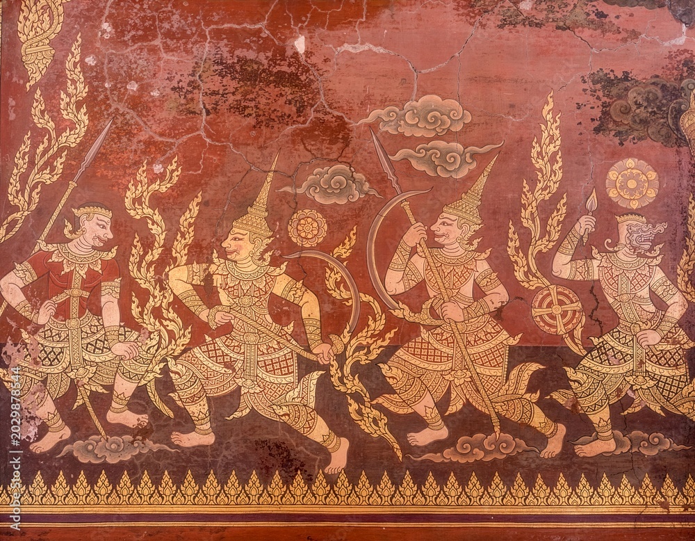 Naklejka premium Thai mural art inspired by Ayutthaya kingdom