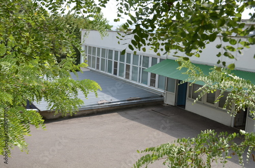 A view of a white functional building with large windows and a green corrugated roof seen through lush tree branches. Summer day in an urban or educational area with paved ground in front
