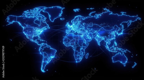 Glowing world map with digital network connections representing ai brain cybersecurity and global robotic systems