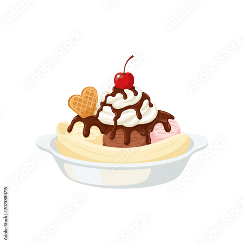 Banana split sundae with three scoops of ice cream, chocolate sauce, whipped cream, and a cherry