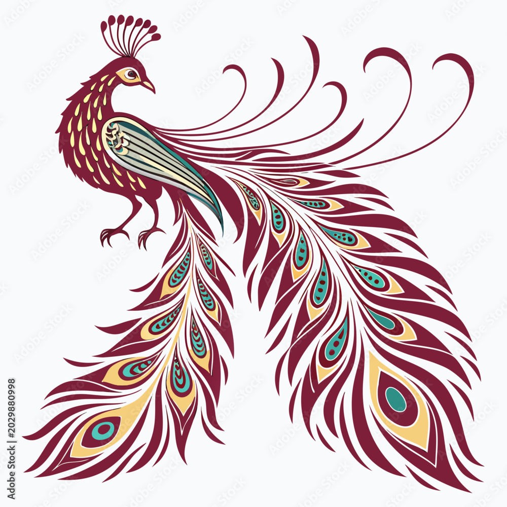 Fototapeta premium Stylized peacock with elaborate tail feathers and decorative eye motifs