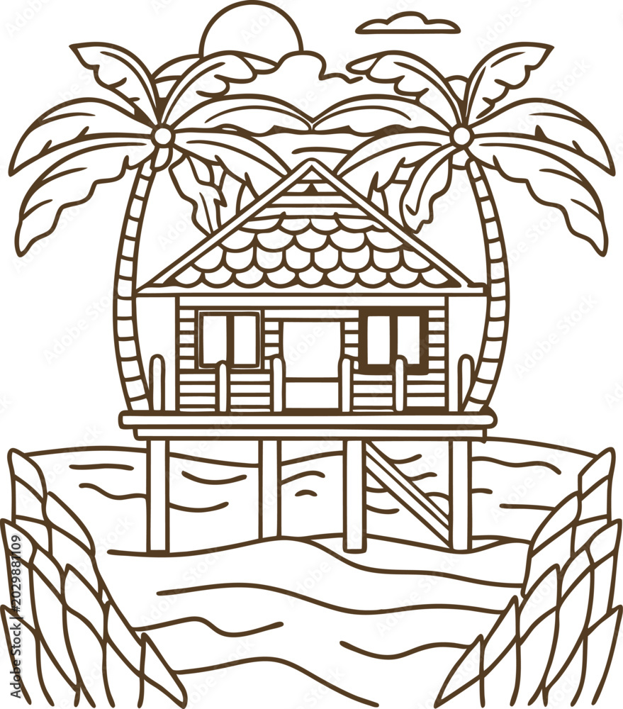 Obraz premium Tropical beach hut on stilts between palm trees with ocean waves and setting sun line art