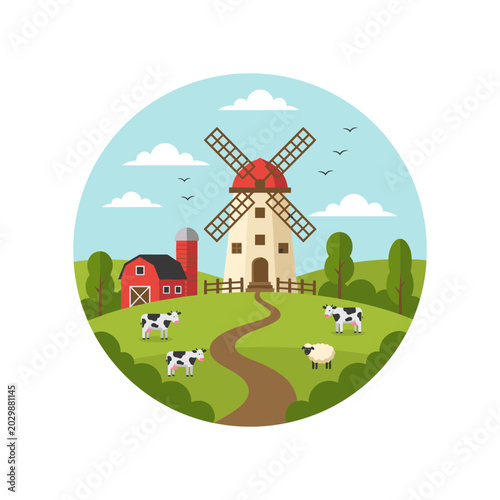 Flat of a farm landscape with a windmill, red barn, cows, and sheep in a circle