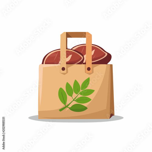 Eco-friendly paper bag filled with fresh meat, featuring a green leaf logo, on a white background.