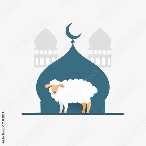 Vector illustration of a mosque silhouette with Islamic architecture and sign in the background