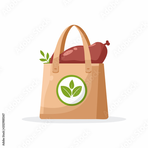 A brown reusable shopping bag with an eco-friendly leaf logo, containing a large sausage and a green sprig, on a white background.