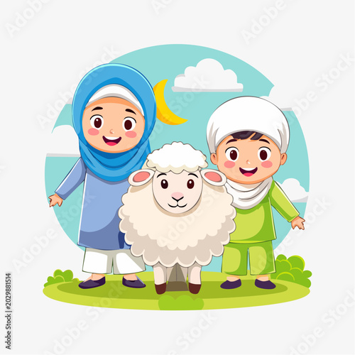 A cartoon illustration of two happy Muslim children, a boy and a girl, standing with a cute sheep under a crescent moon, celebrating Eid al-Adha.