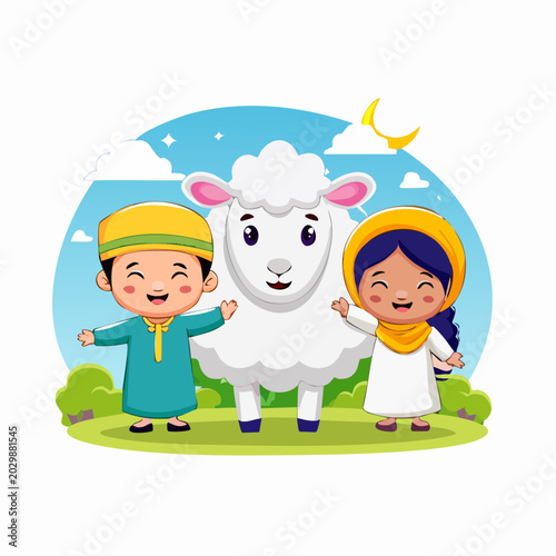 A happy Muslim boy and girl celebrating Eid al-Adha with a white sheep under a crescent moon in a vibrant outdoor setting.